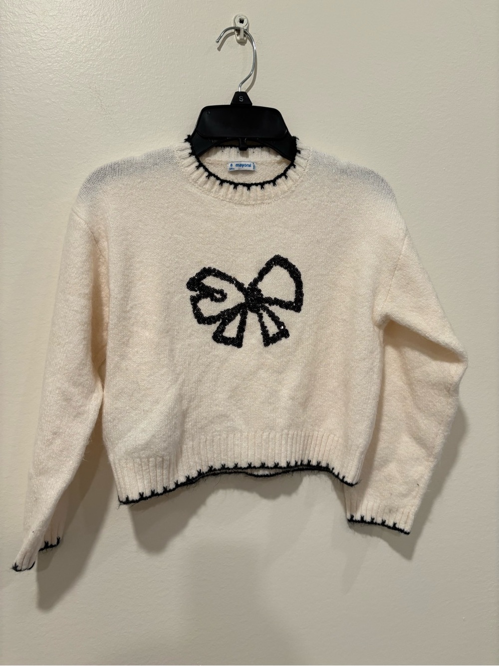 Cream Knit Sweater with Black Bow Detail
